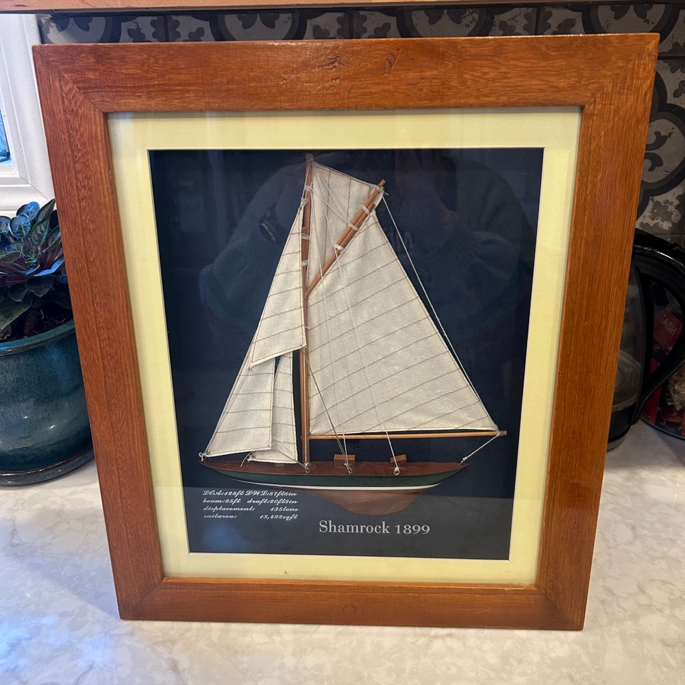 Vintage Framed Shadowbox Nautical Model w/ Wood Frame Ship named “Shamrock 1899”